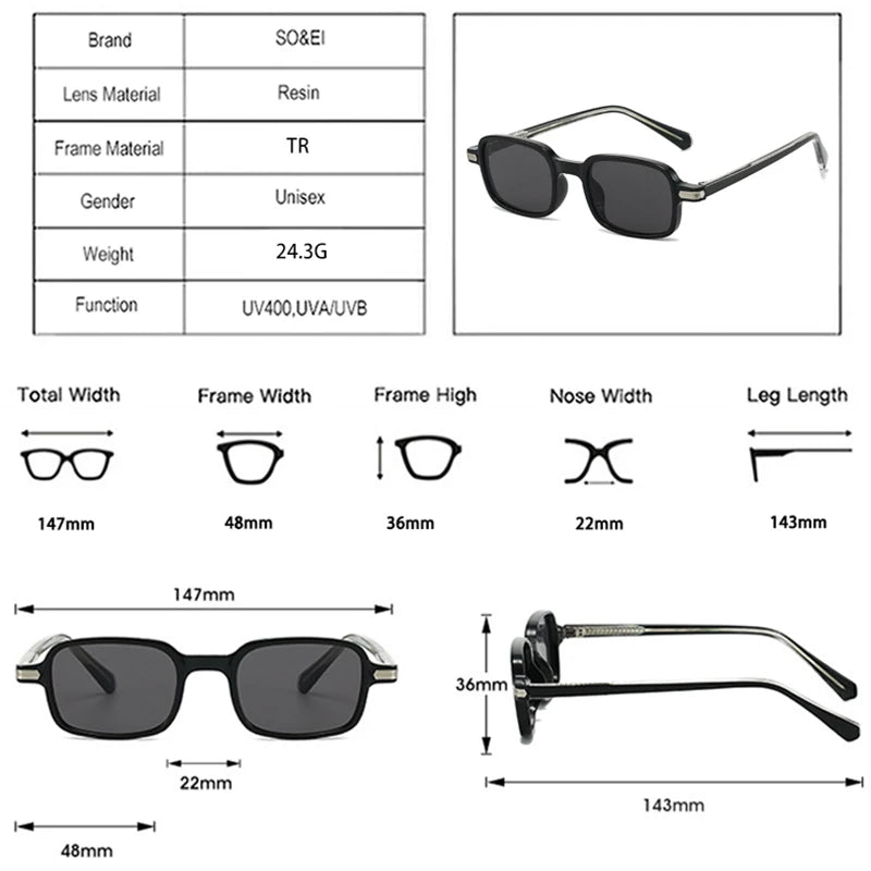 SO&EI Vintage Rectangle Rivets Sunglasses Women Fashion Green Shades UV400 Men Sun Glasses
