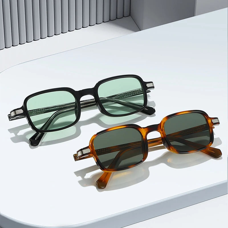 SO&EI Vintage Rectangle Rivets Sunglasses Women Fashion Green Shades UV400 Men Sun Glasses