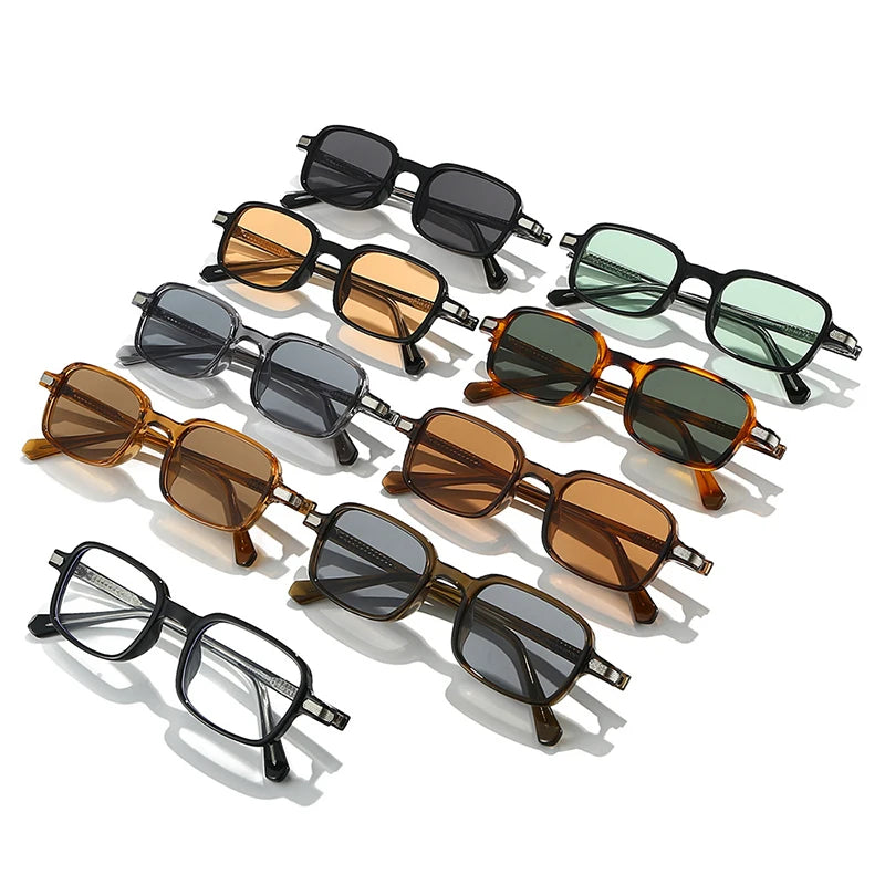 SO&EI Vintage Rectangle Rivets Sunglasses Women Fashion Green Shades UV400 Men Sun Glasses